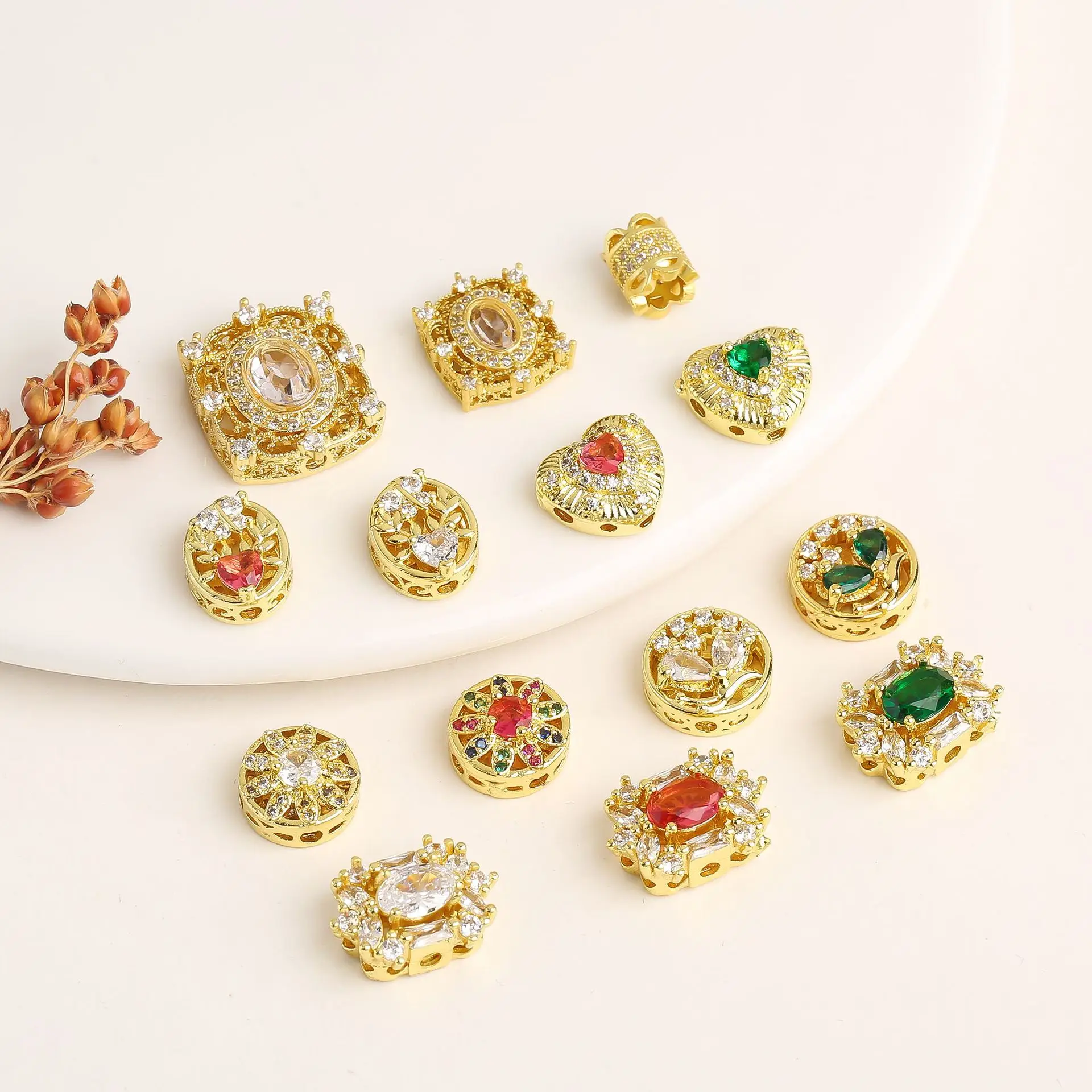 7pcs Copper Gold-plated Hollow Multi-pass Ring Inlaid Zirconia Spacer Beads Diy Bracelet Necklace Jewelry Accessories Wholesale