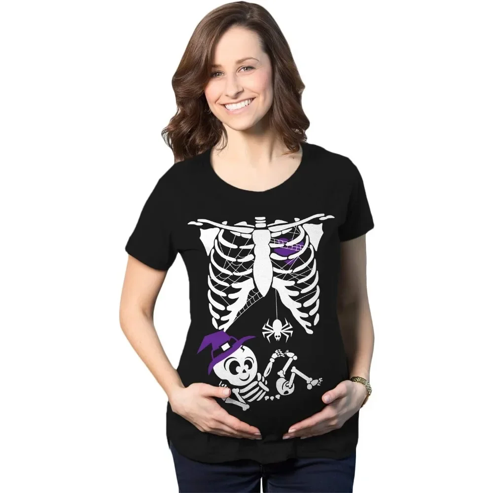 Schwangerschafts-T-Shirts mit Skelett-Baby-Monster-Kürbis-Motiv, lustige und süße Halloween-T-Shirts für werdende Mütter – Detail 2