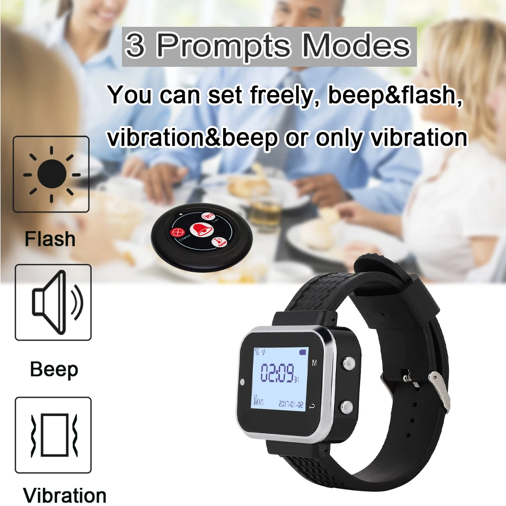 JINGLE BELLS 20 Call Button Transmitters 3 Wrist Watch Pager Wireless Calling System Service for Restaurant Hotel Cafe Bar