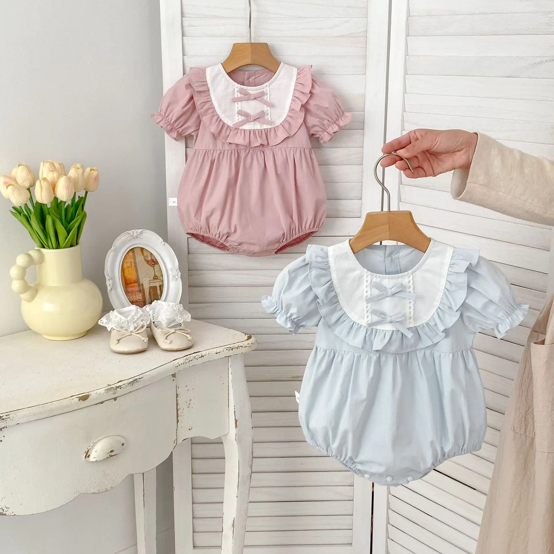 

0-2Y Baby Girl Clothes 2025 Summer New Bows Puff Sleeve Baby Bodysuit Cute Toddler One Piece Newborn Girls Cotton Onesies