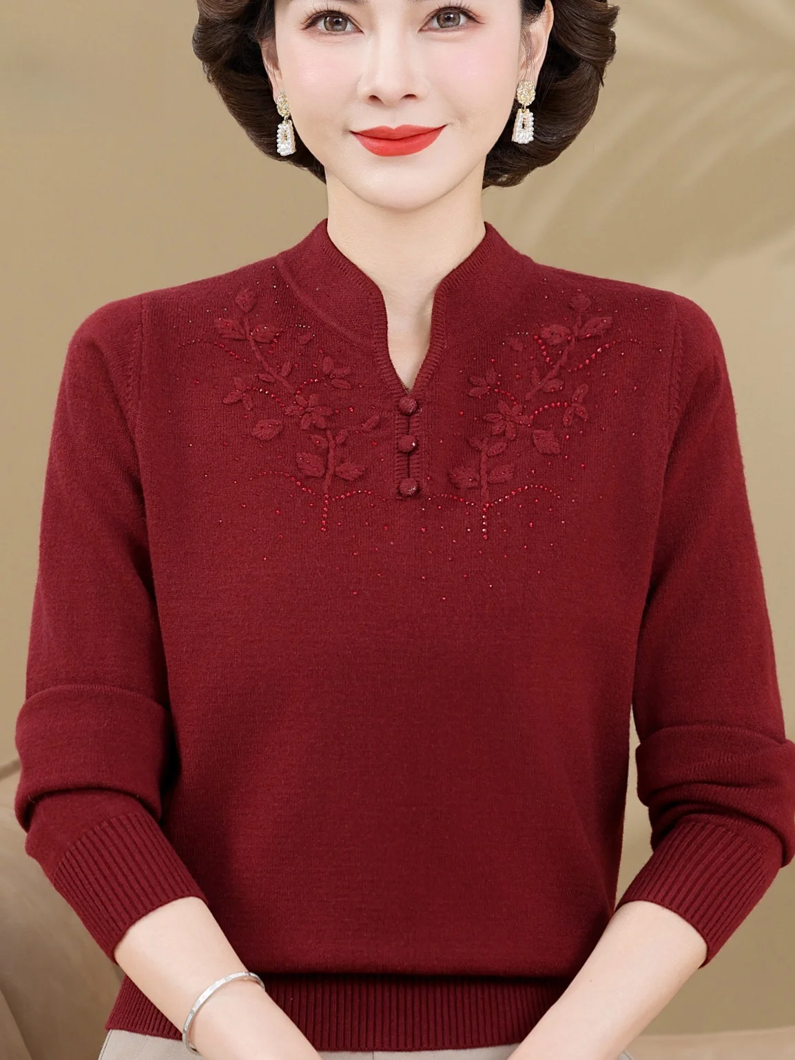 

New Chinese Style Knitted Sweater Pure Color Flag Dress Collar Elderly Women's Fashionable Top Warm Standard Fit Big Size