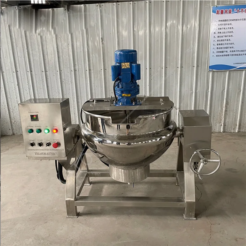 Electric Heating Sandwich Pot, Stainless Steel Commercial Sugar Boiling Pot, 50-500L Cooked Food Braised Pot with Stirring Tempe