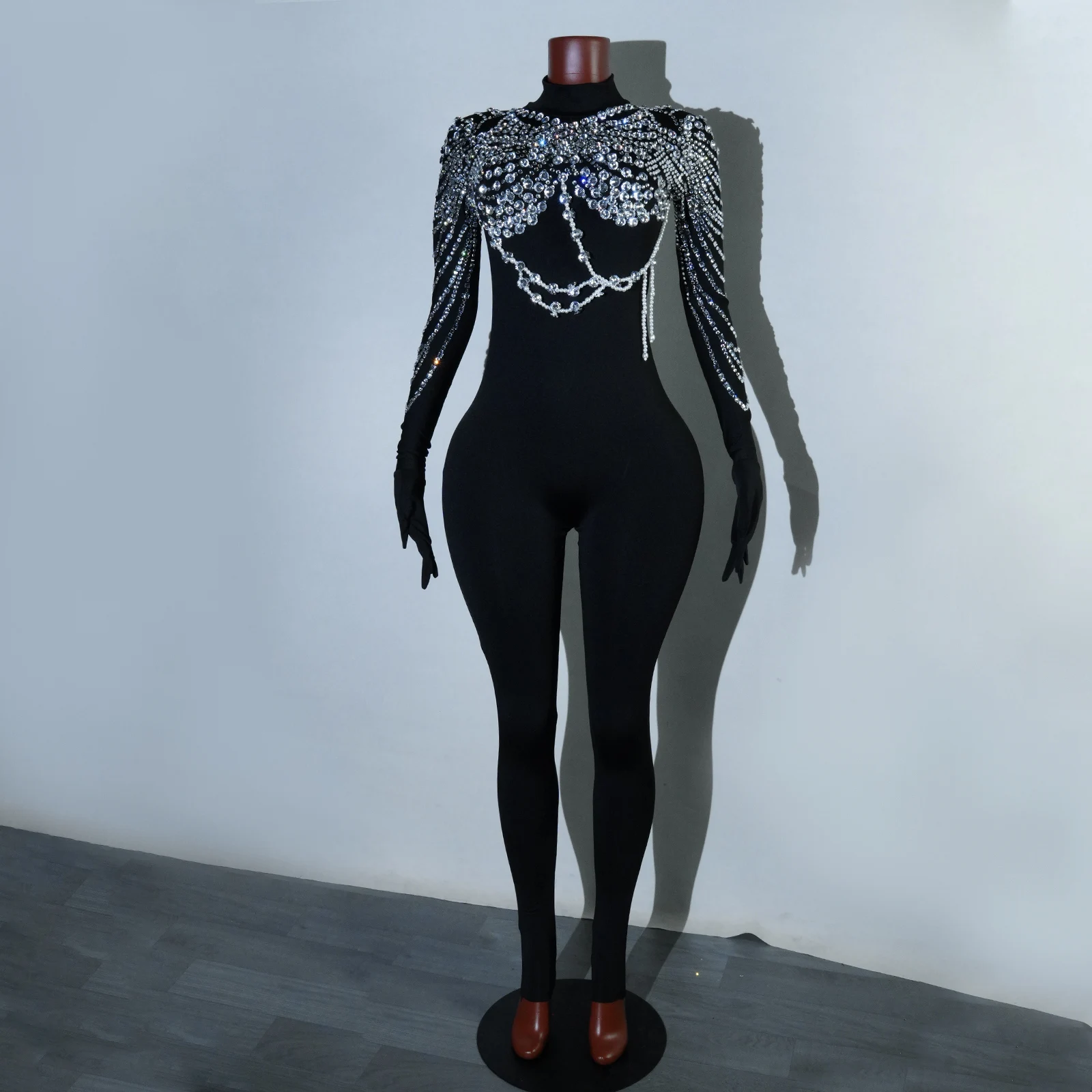 

Super Sparkling Luxury Rhinestones Black Jumpsuit Singer dj Dancer Stage Performance Costume Nightclub Evening Party Drag Queen