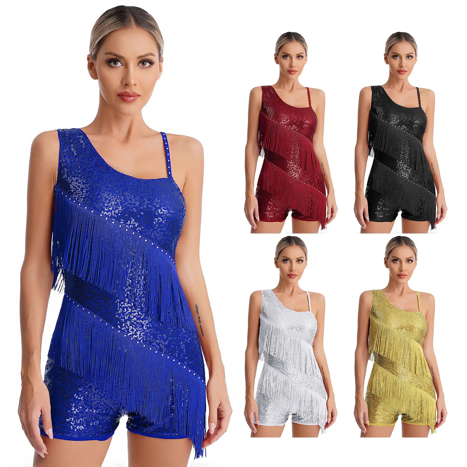 Damen Quaste Tango Latin Tanz Trikot glitzernde Pailletten Overall unregelmäßige Schulter gurte Fransen Ballsaal Tanz Bodysuit