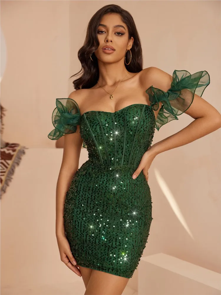 

Wooden Ear Leader Solid Color Women's Dress Spring Summer Sequined Ruffle Mesh Party Club Off Shoulder Slim Fit Mini Hip Dresses