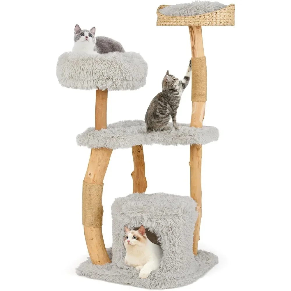 

Tree Tower, Solid Wood Modern Tower with Top Basket Bed – Side Perch, Large Platform & Condo – Cute Wooden Cat Tree