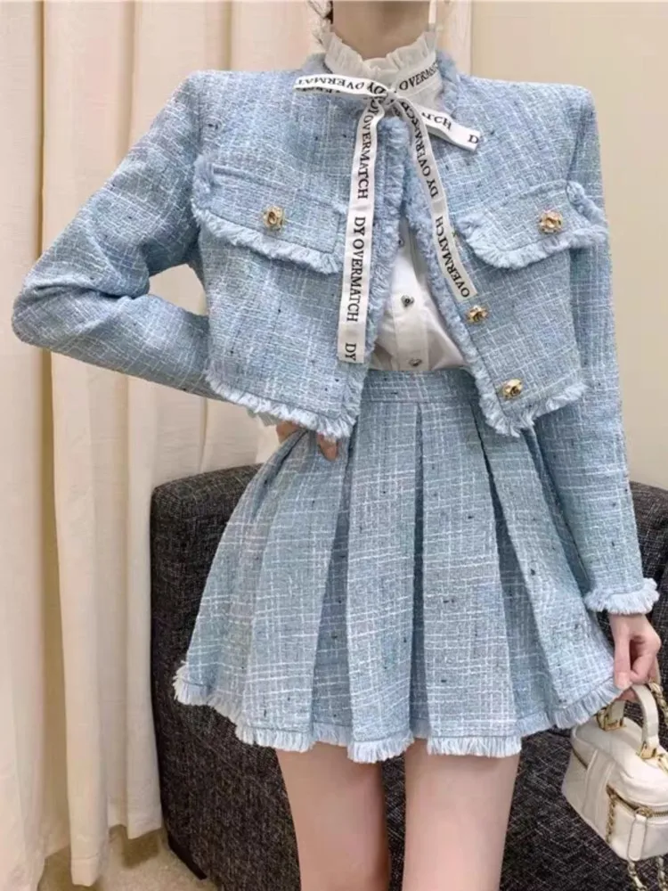 Autumn New Tweed Short Jacket Coat and Mini Skirt Two Piece Set for Women Outfits Vintage Tassel High Waist Pletaed Skirt Suits