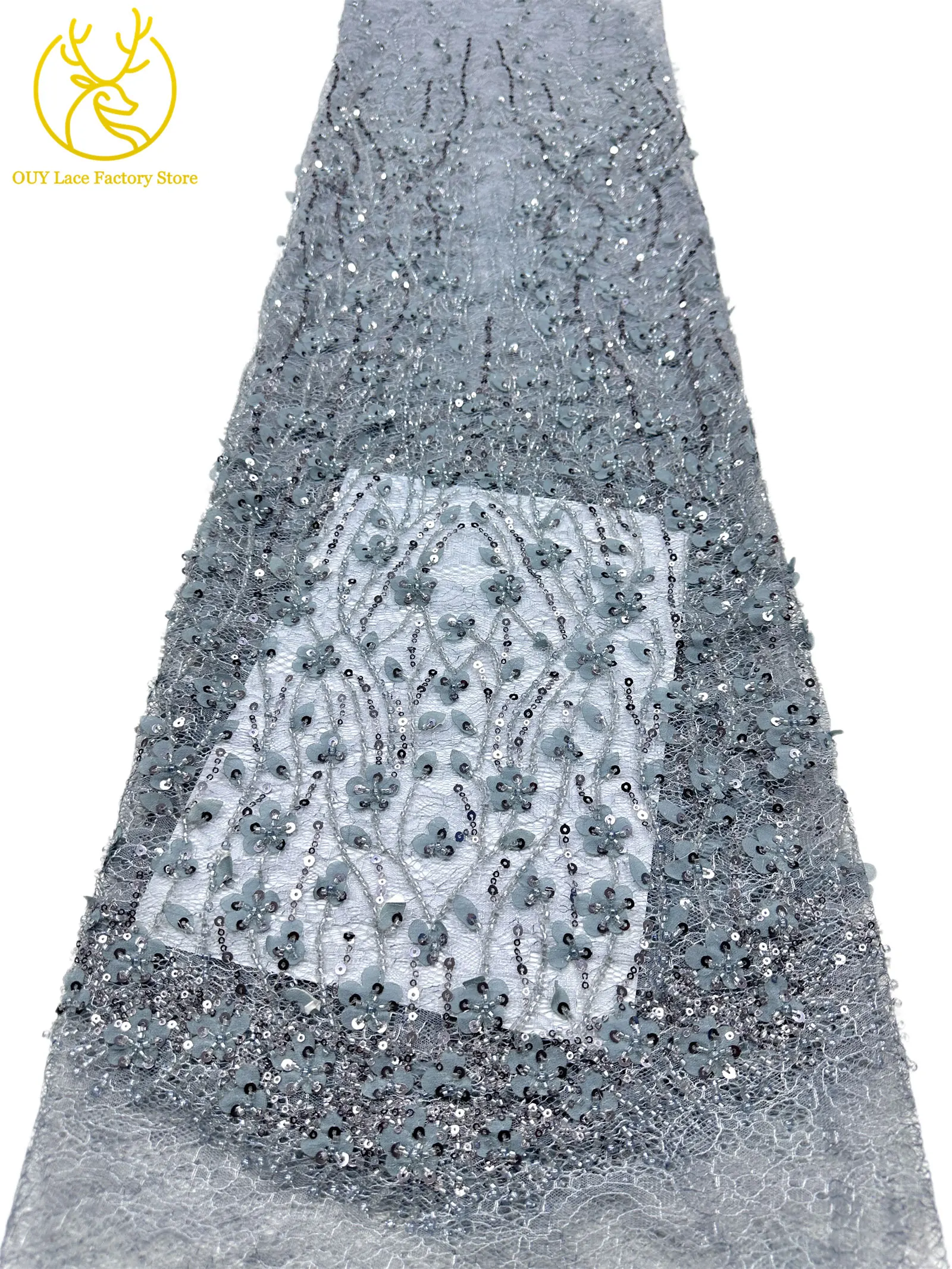 Olivgrüner afrikanischer Brautkleid-Spitzenstoff 2026, hochwertige nigerianische Pailletten-Stickerei-Spitze für Brautkleider und Partykleider zum Nähen – Detail 20