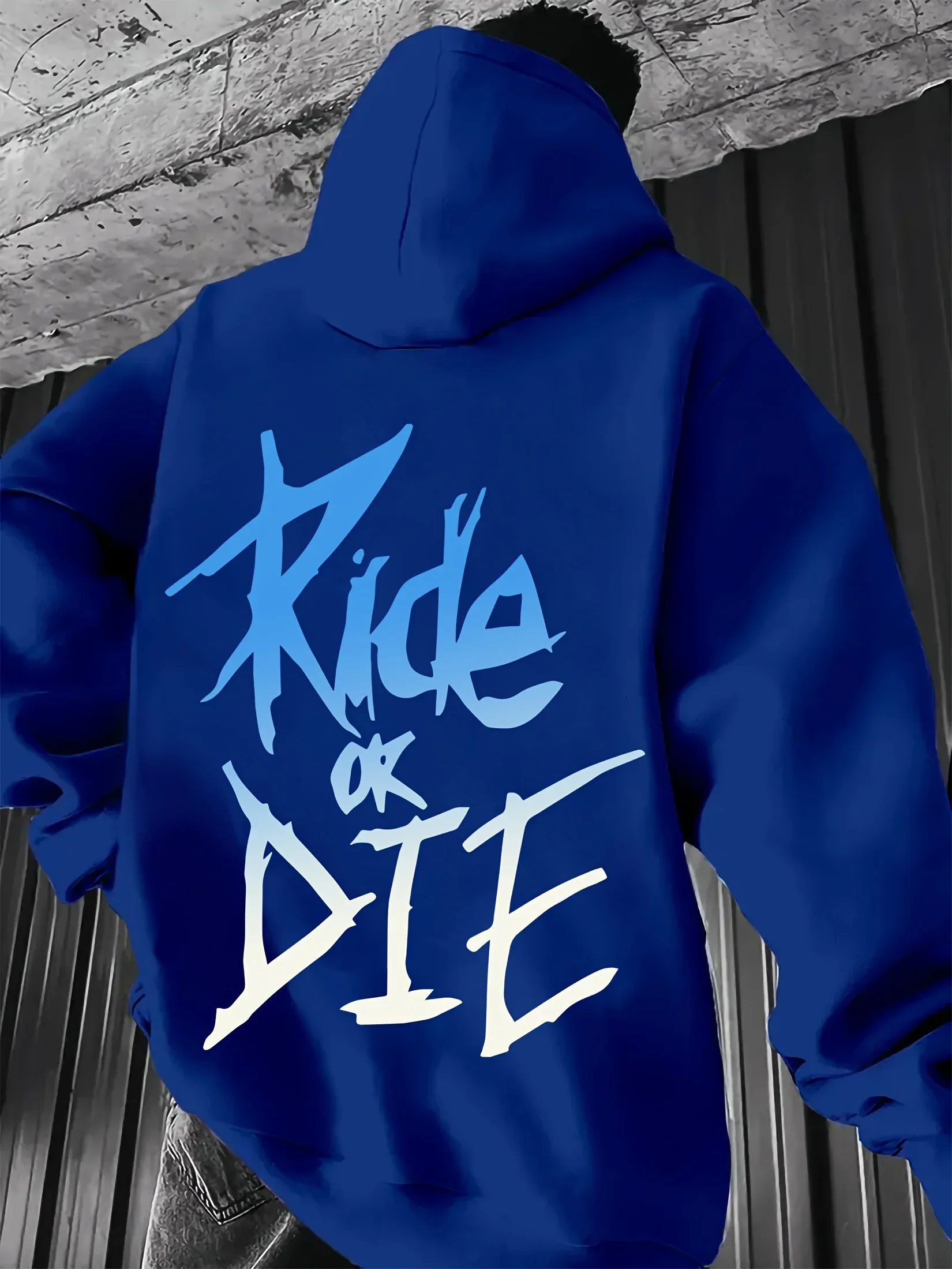 Men Fleece Hoodie Gradient Blue White Sharp Graffiti Ride Or Die Text Back Print Black Motorcycle Biker Street Casual Pullover
