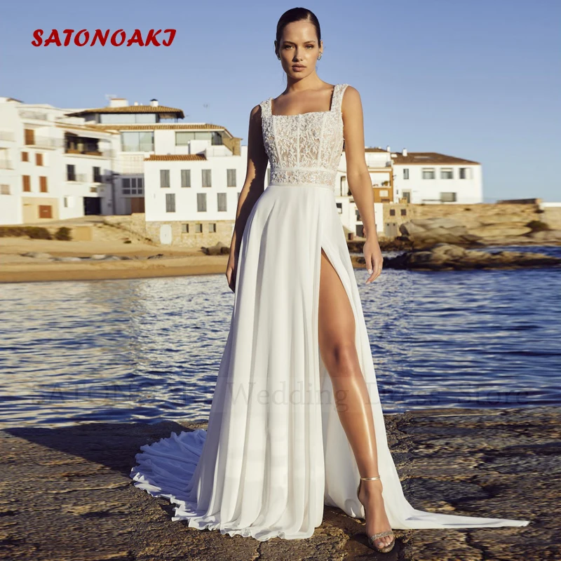 

Elegant Boho Lace Square Collar Chiffon Wedding Dress for Women Applique A-Line Side Split Beach Bride Gown Vestidos De Novia