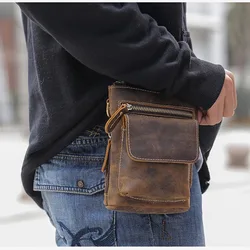 Riñonera Vintage de cuero genuino para hombre, bolso con correa para el hombro, bolso cruzado de cuero de Caballo Loco pequeño, bolsa para teléfono con cinturón