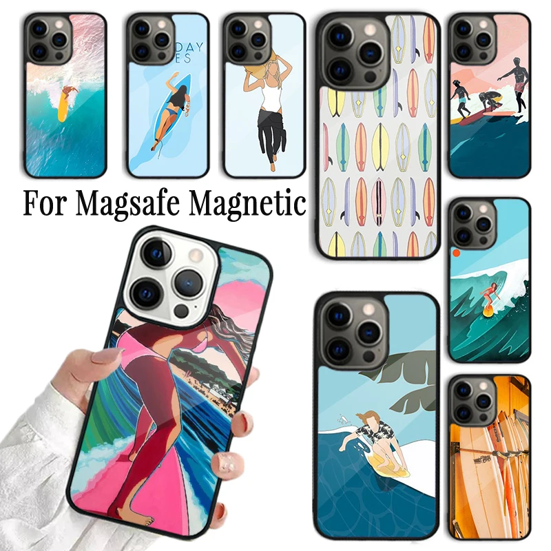 Phone Case For iPhone 16 15 14 13 12 11 Pro Max Plus Magsafe Magnetic Wireless Charging Cover Surfing Sea Beach Surfboard Wave