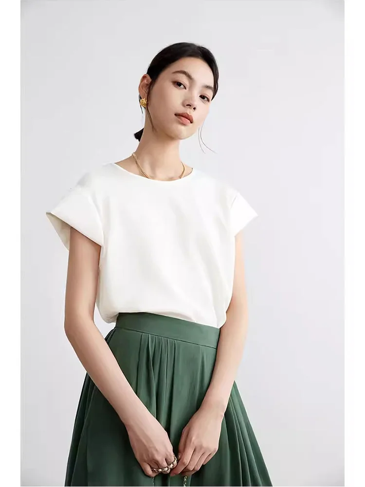 

Ningxia jian Heavyweight 6A And White Silk 28mm Anti-Wrinkle Silk round Ne irt with Cuff Design Summer Women's T-irt