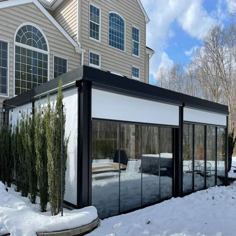 Garden Bioclimatic Outdoor Pavilion, 3 * 3, 3 * 4, Japanese Style, Electric Aluminum Louvered Pavilion with Sliding Glass Door