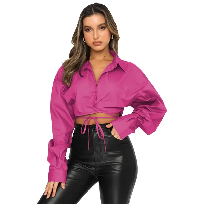 Trend Solid Color Loose Shirts Women Spring Autumn New Fashion Single Breasted Leace-up Short Shirts & Blouses Female Streetwear