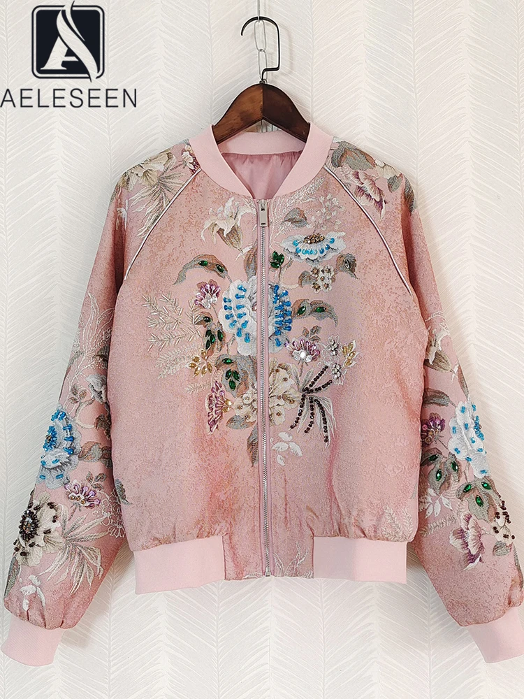 AELESEEN Designer Fashion Autumn Winter Jakcet Women Pink Blue Zipper Flower Print Jacquard Luxury Crystal Beading Casual Coat