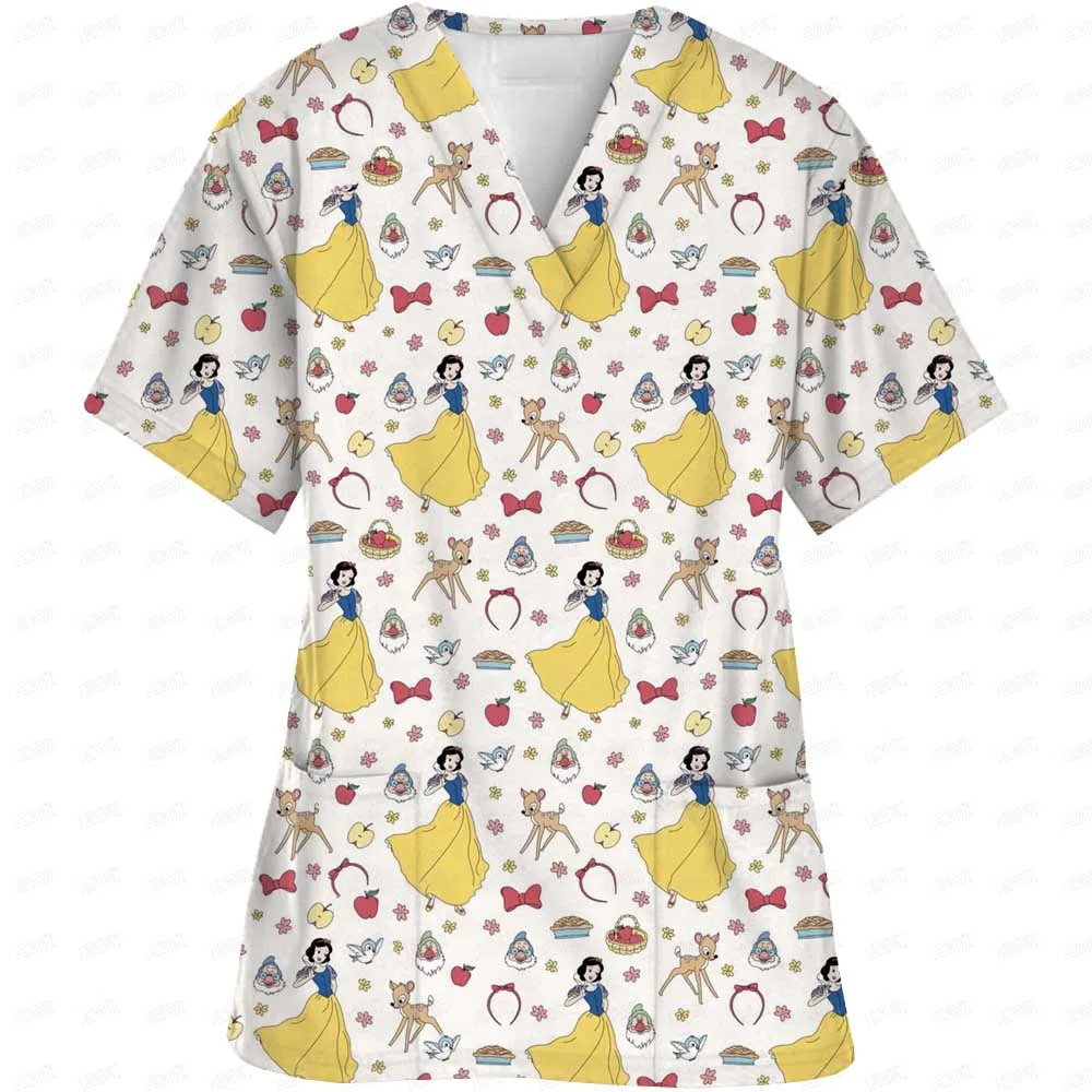 Disney Princess Summer Nurse Uniform Matte Top Women's Printed Nurse Uniform Short sleeved V-neck Top Work Shirt