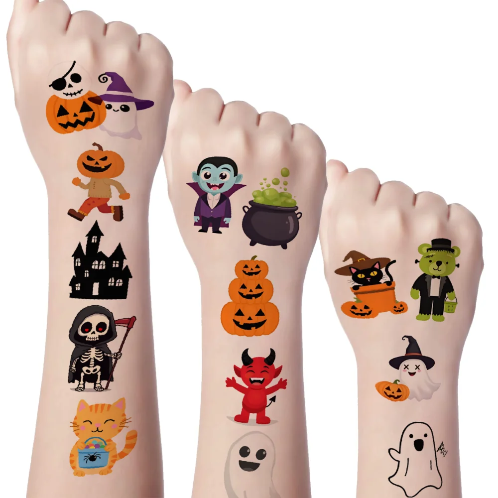 54pcs Temporary Tattoo Halloween Characters Waterproof Long-lasting Body Stickers Cute Monsters Cartoon For Children Girls