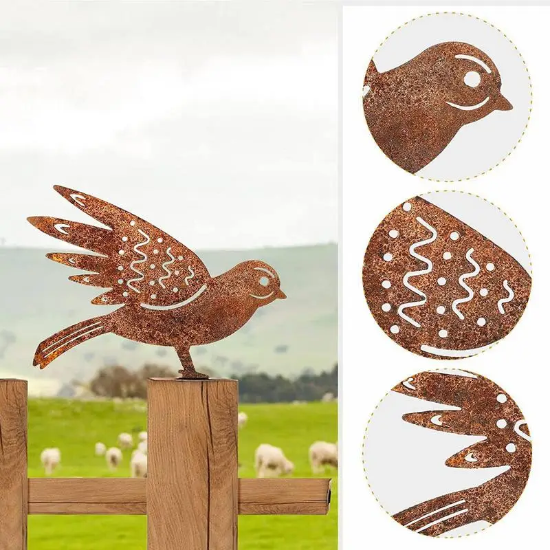 4pcs Rusty Metal Bird Silhouettes Garden Fence Decor Woodpecker Robin Steel Country Garden Yard Art Gardening Decoration