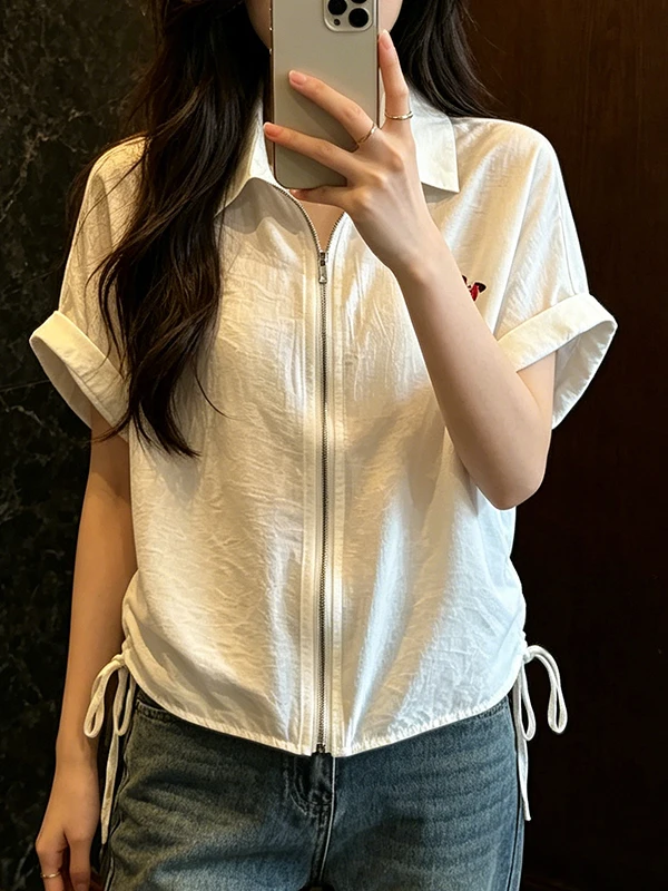 

Женская рубашка большого размера на лето 2026 с вышивкой, на молнии спереди, свободного кроя, с завязками, дышащая, тонкая, с коротким рукавом