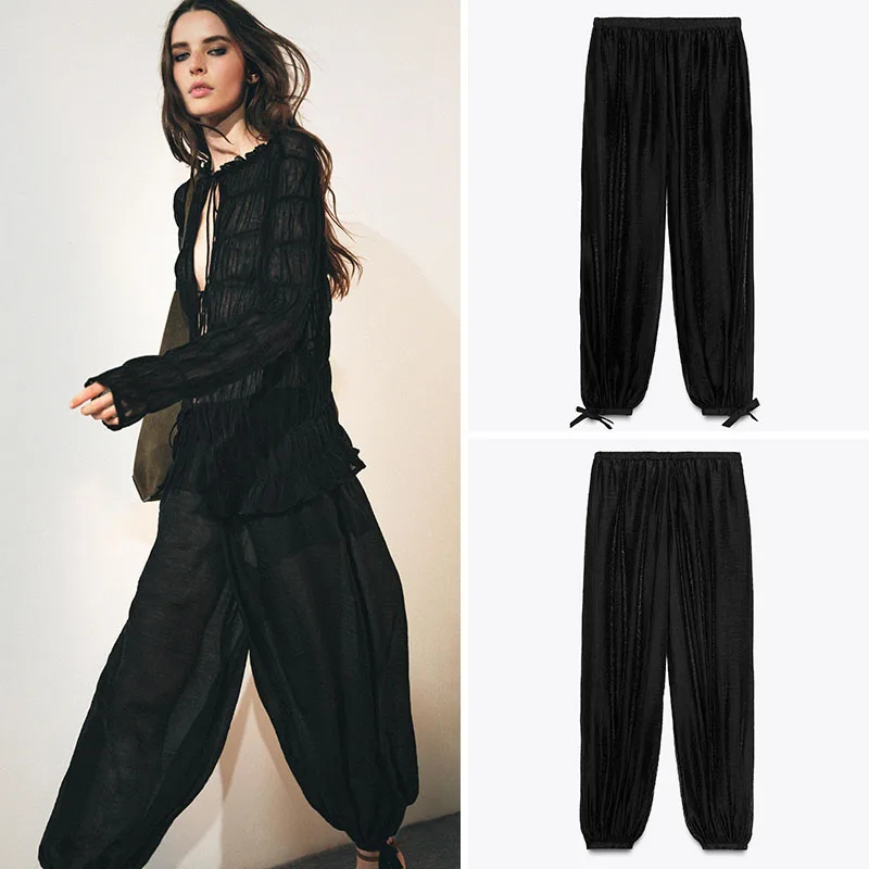New Arrival Autumn Casual Fashion Women's Mid-Waist Pleated Pants  Knot Decorated Fluffy Trousers Ladies' Wear
