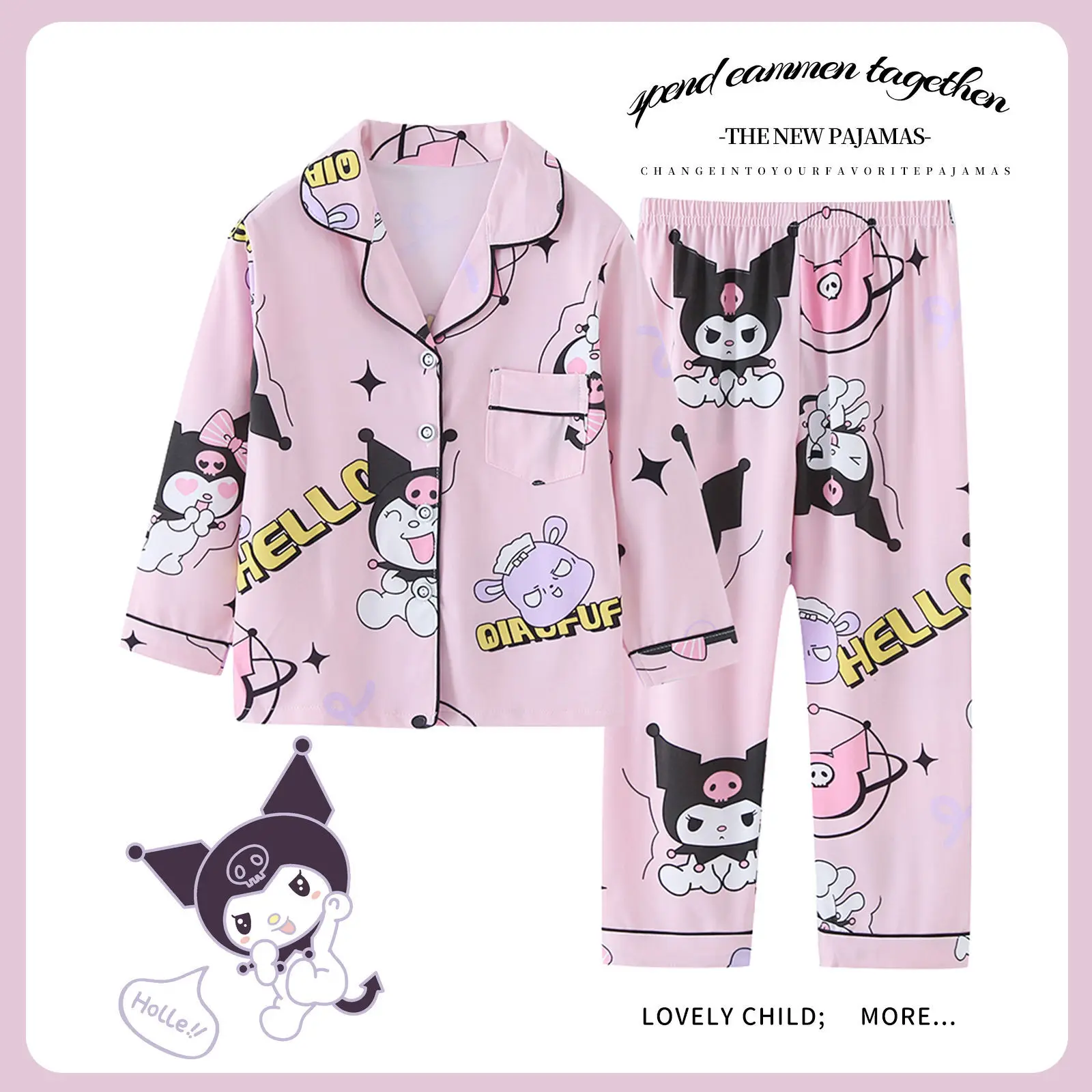 

Anime Cute Children Home Clothing Cartoon Cinnamoroll Kuromi My Melody Hellokittys Printed Long Sleeved Long Pants Pajama Set