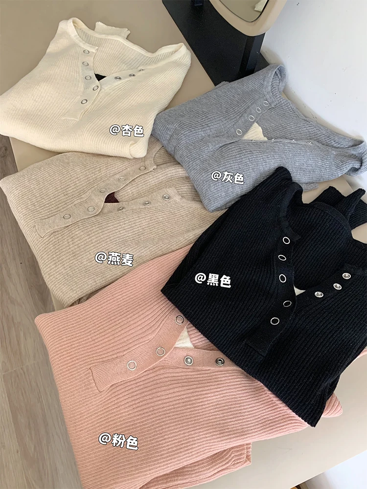 Autumn Winter Woman Korean Fashion V-neck Pullovers Sweater Long Sleeve Solid Color Mori Girl Knitwears 2000s Aesthetic Retro