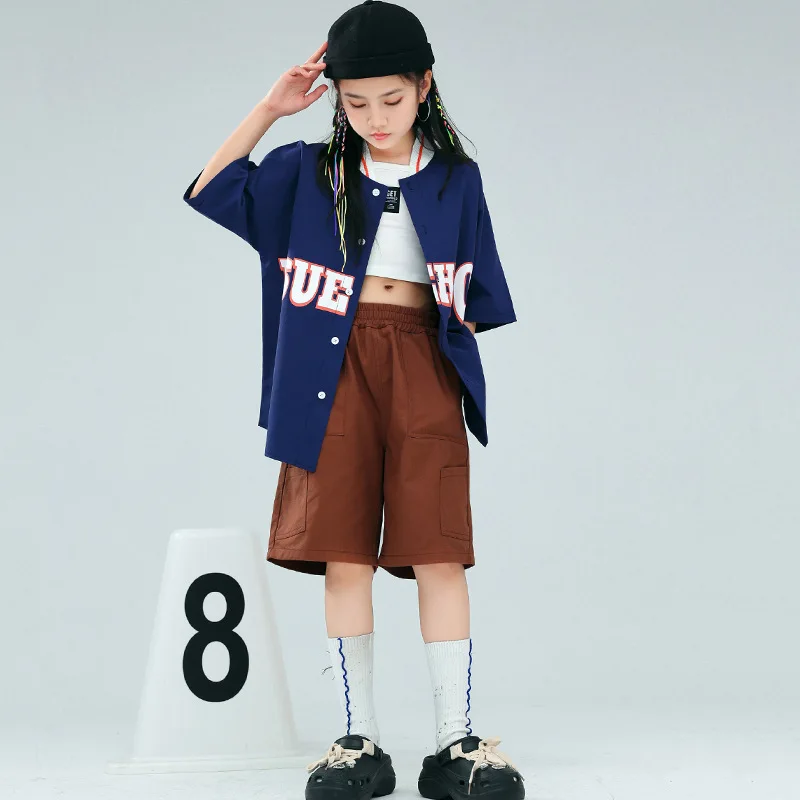 Kid Hip Hop Clothing Navy Blue Oversized Cardigan Baseball Shirt Top Brown Cargo Shorts for Girl Boy Jazz Dance Costume Clothes