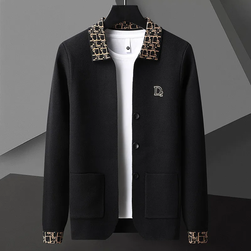 

High end brand jacquard lapel men's knitted cardigan spring and autumn new fashion casual exquisite printed sweater luxury coat