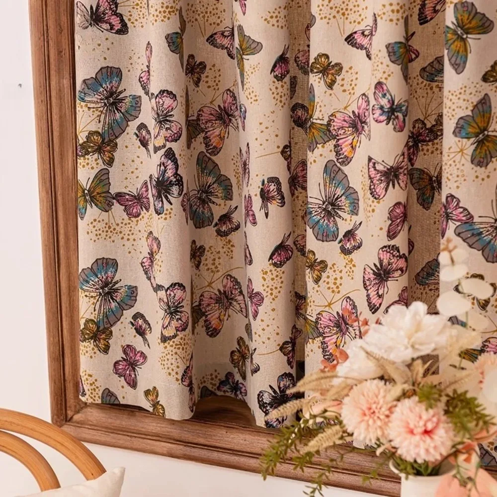 American Country Cotton Linen Butterfly Printed Curtains Tulle for Living Room Pastoral Style Retro Homestay Study Window Drapes