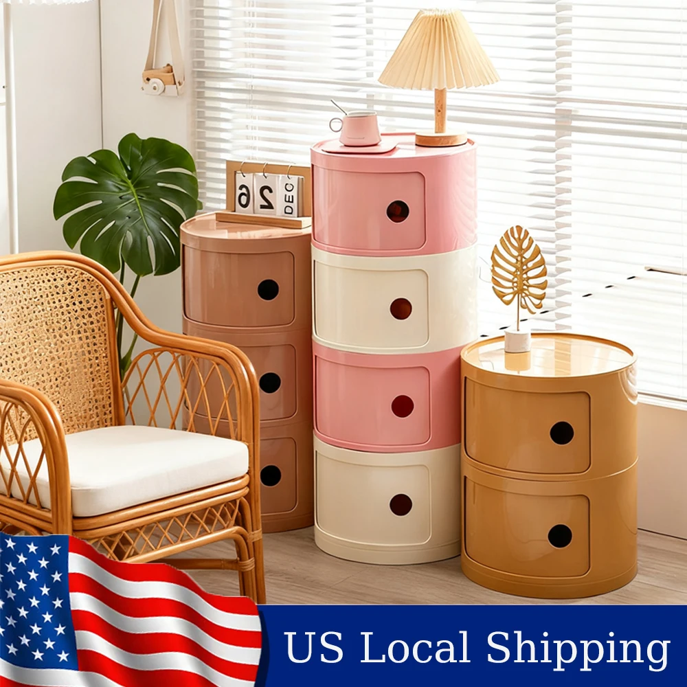 

3/4 Layer Round Bedside Table Nordic Plastic Bedside Cabinet for Bedroom Creative Sofa Side Table Nightstand Storage Locker