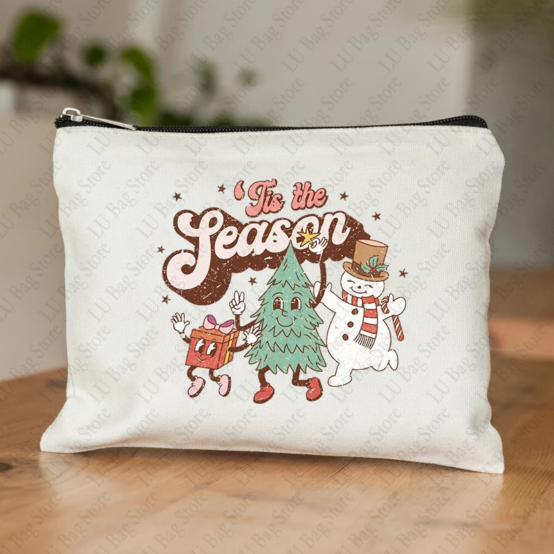 Tis The Season Christmas Tree Pattern Makeup Bag Best Gift for XMAS Canvas Cosmetic Pouch Bag Organizer New Year Gift for Her