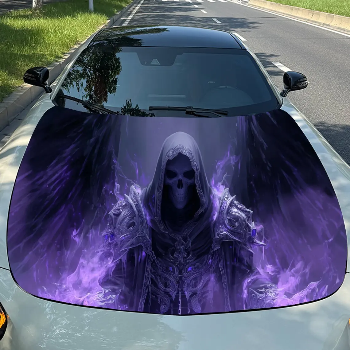 

Purple Flame Reaper with Dark Winged Armor Car Vinyl Wrap, PVC Material Waterproof Car Hood Sticker, Self-Adhesive Scratch-Resis