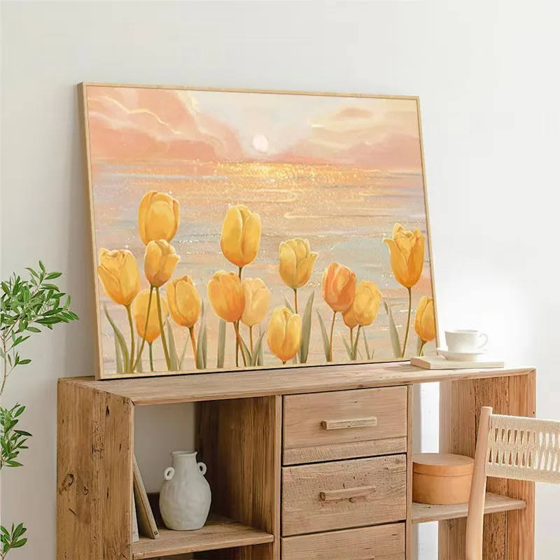 

Modern Minimalist Cross Stitch Beadwork Dining Room Living Room round Bead Embroidery Tulip Pattern Cotton Fabric White Color