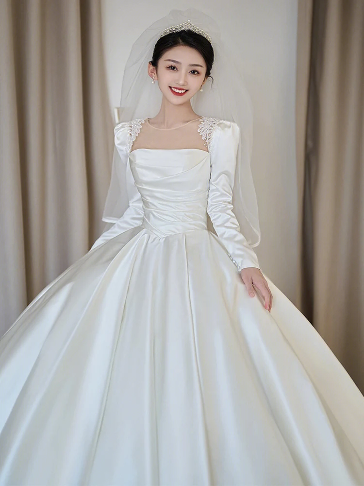 2024 New Satin Wedding Dress for Bridal Ball Gowns Elegant Retro Long Sleeved Simple Floor Length Custom Make Pluse Size