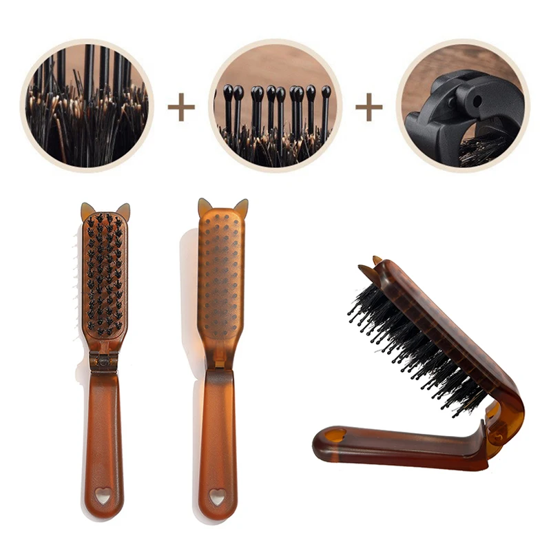 

Cat Ear Boar Bristle Hair Brush Amber Foldable Portable Comb Pocket Collapsible Travel Massage Styling Tool Salon Women Gift New
