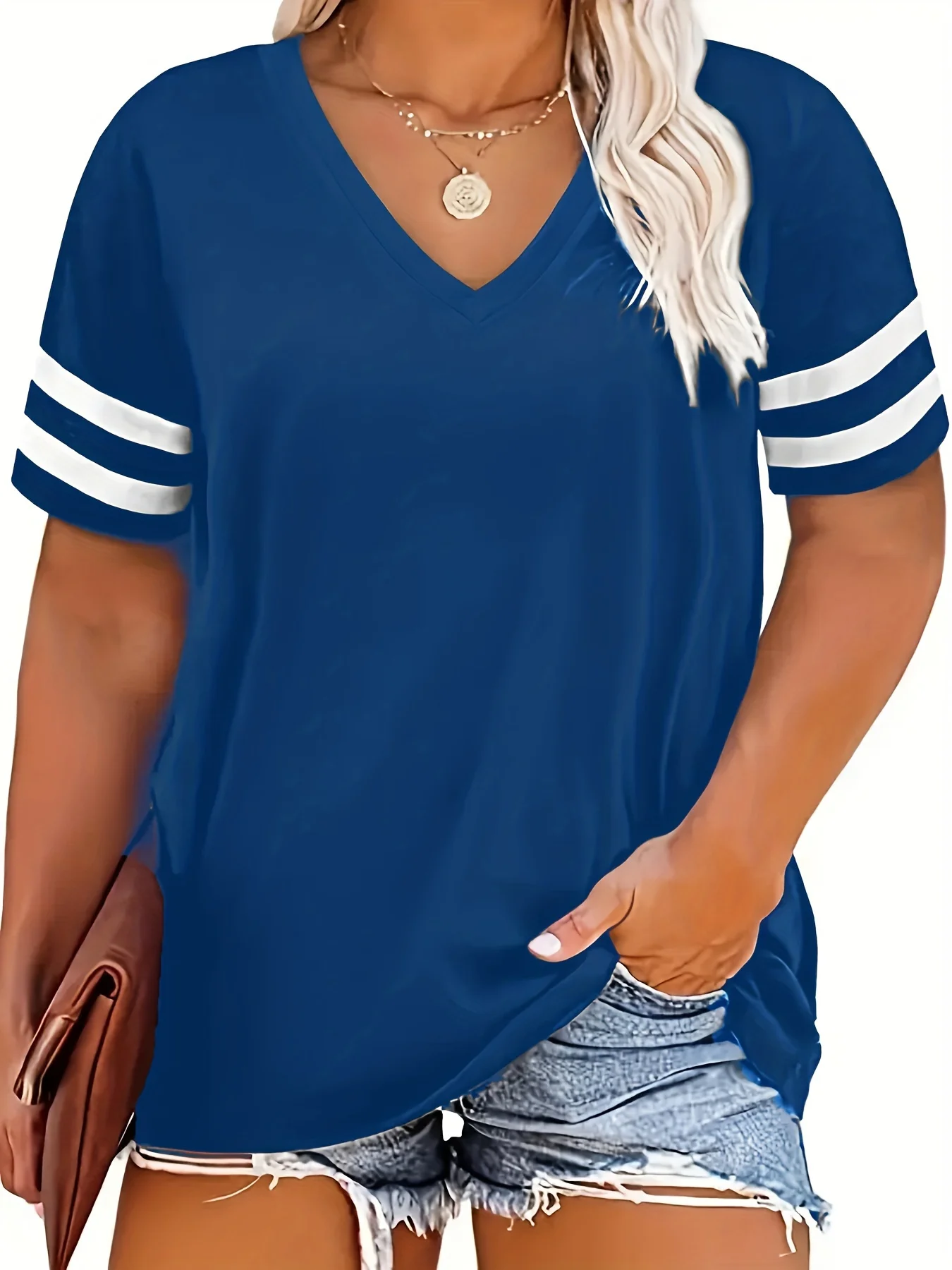 Damska koszulka Plus Size 1XL-4XL Casual V-neck Krótki rękaw Jednolity kolor Luźny T-shirt Sportowy top na zewnątrz Odzież damska