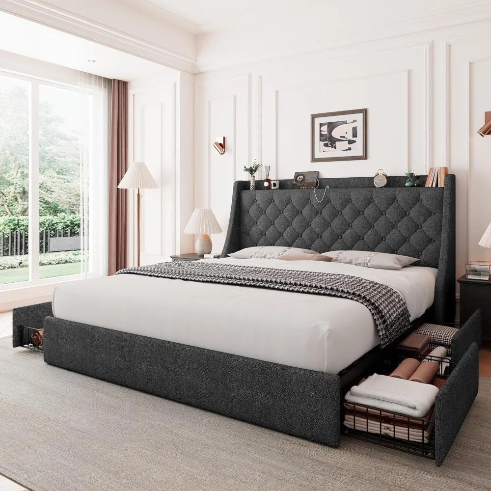 King Size Bed Frame with 4 Storage Drawers, Upholstered Storage Bed with Charging Station, Tufted Wingback