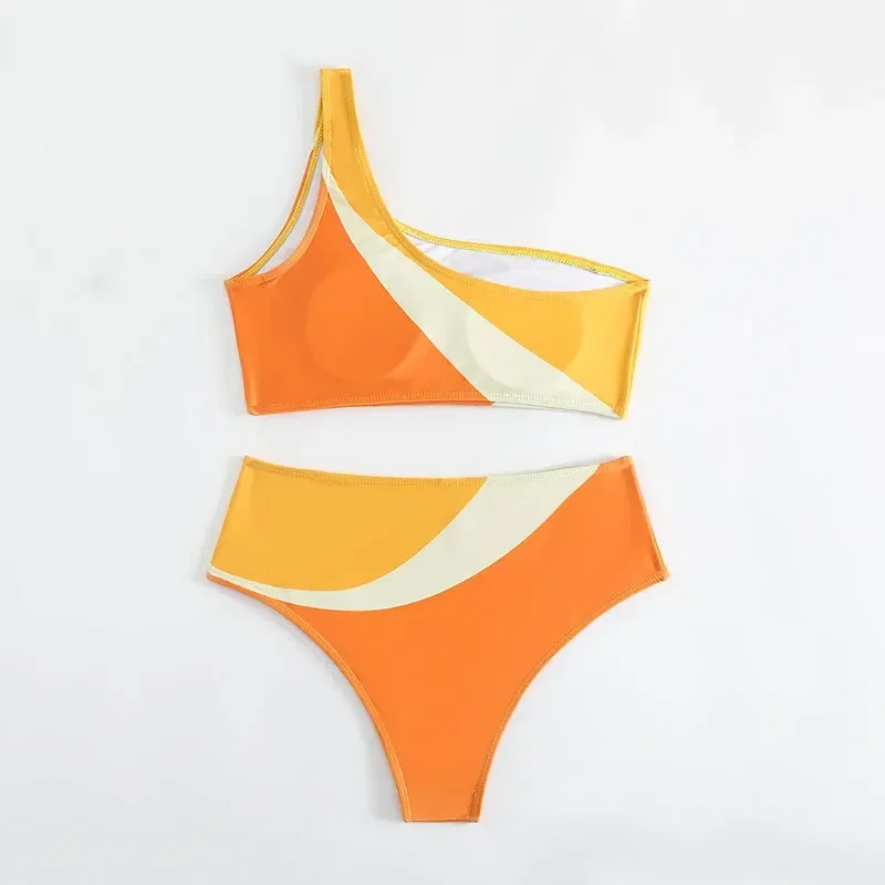 Traje de baño de retazos naranja para mujer, Bikini de 2 piezas de cintura alta, traje de baño sexy sin espalda con un solo hombro, con acolchado, traje de baño para playa