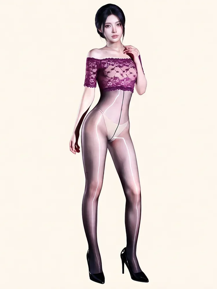 Women Sexy Lace Top Bodystocking Sheer Stockings Jumpsuit Off Shoulder Short Sleeve Lingerie Bodysuit Theme Party Clubwear
