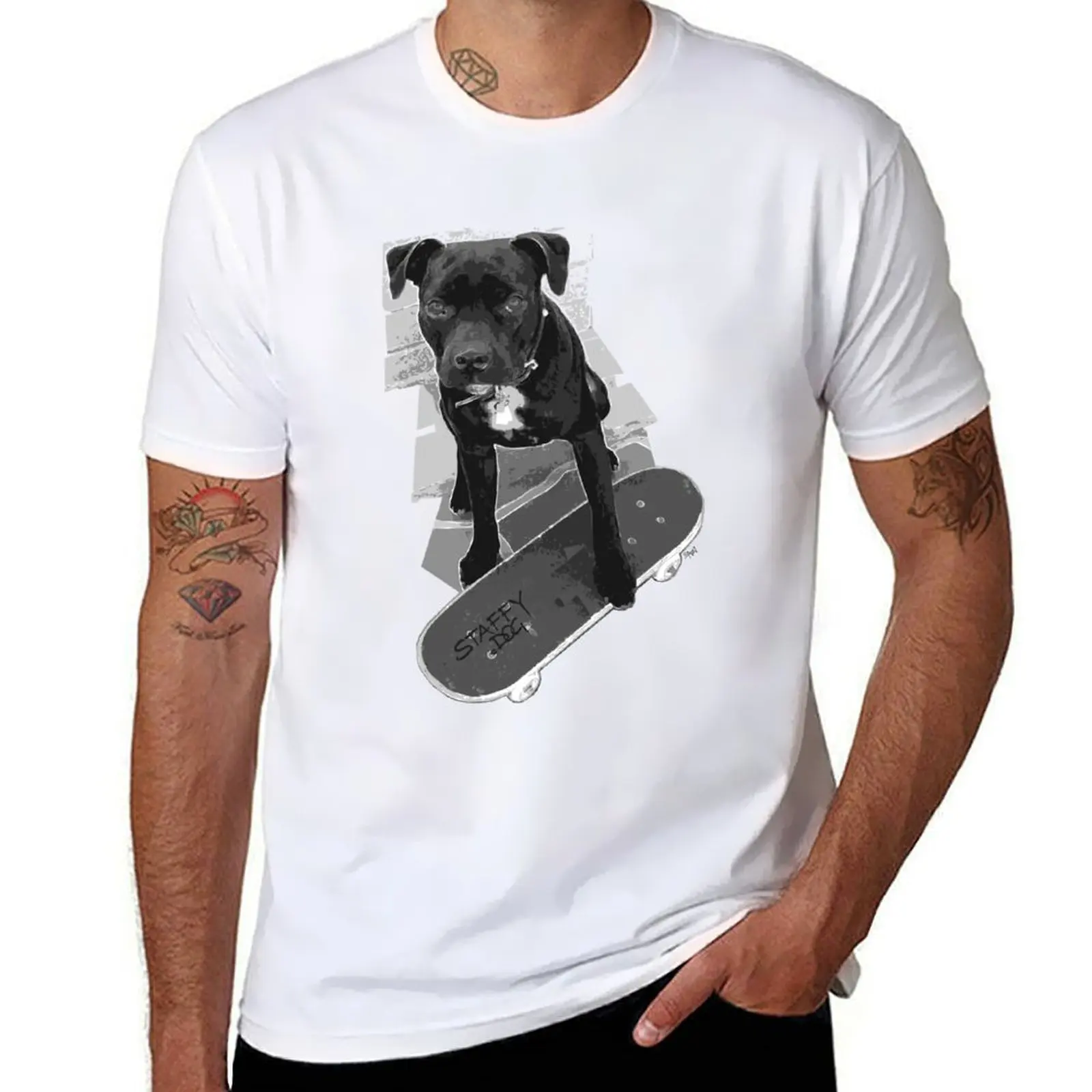 

SK8 Staffy Dog black and white T-Shirt man tshirt t shirts for man pack cotton T-Shirt