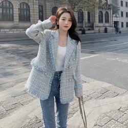 Spring Autumn 2024 New Casual Woolen Suit Jacket Women's Outwear Fashion Loose Mid-Length Double-Breasted Burrs Chic Tweed Coat