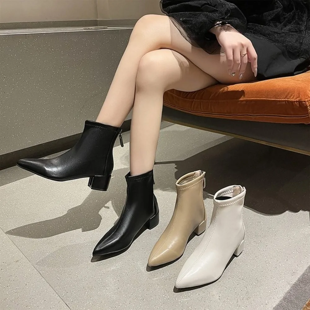 

Pointed Toe Women's Ankle Boots Fashion Back Zippers Short Botas Ladies Elegant Square High Heel 2024 New Women's Footwear