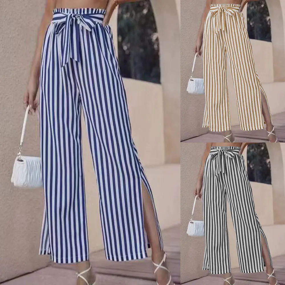 New Women's Loose and Fashionable Casual Slit Striped Pants for Women