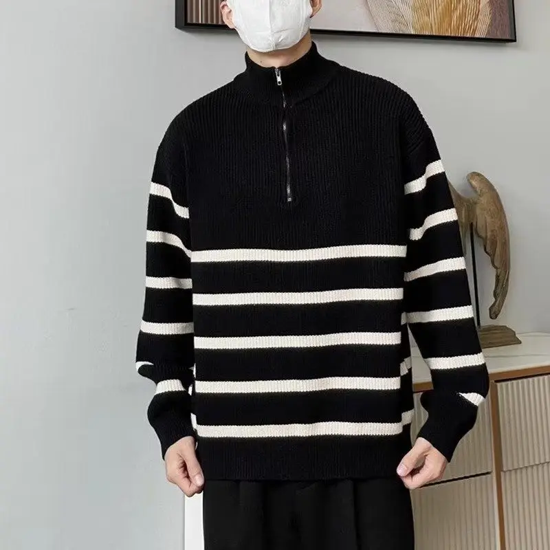 

Half Zipper Stripe Harajuku Sweater Men Stand Collar Autumn Winter New Laziness Loose Knitted Long Sleeve Panelled Pullover Tops