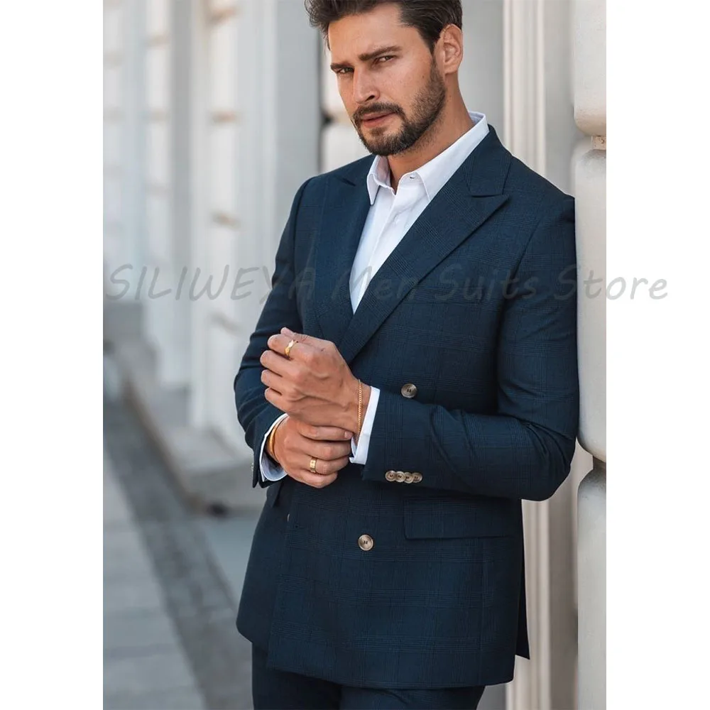 

Chic Slim Fit Men's Suits Elegant Wedding Full Set Blazer Double Breasted Peak Lapel 2 Piece Jacket Pants Male Clothing 2025