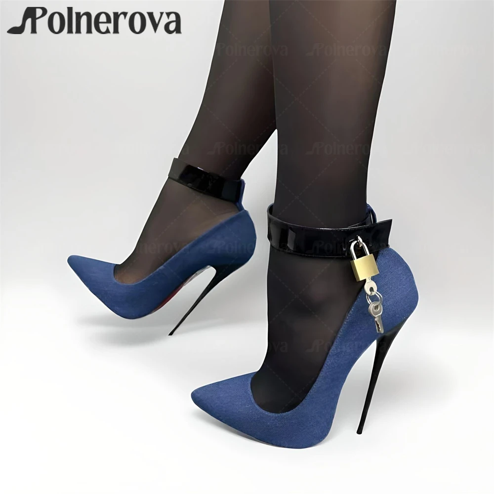 

16cm Lockable Pointed Pumps Black Blue Denim Fetish Stiletto High Heels Ankle Strappy Sexy Pointed Toe Women's Heels Customized