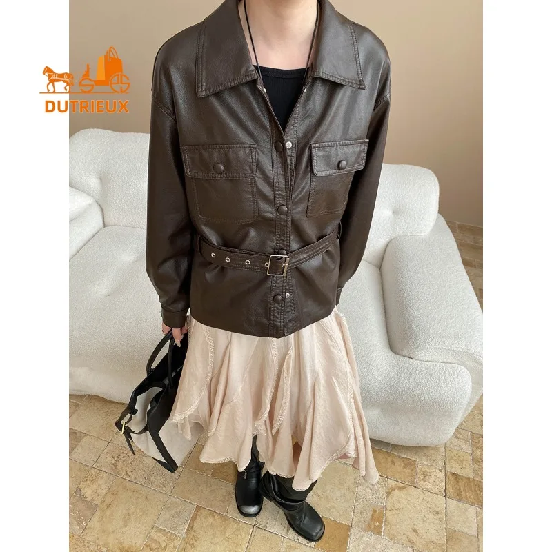 2025 Spring and Autumn Women's Fashionable Loose Real Leather Jacket, 100% Genuine Sheepskin, Casual Motorcycle Coat for Women.