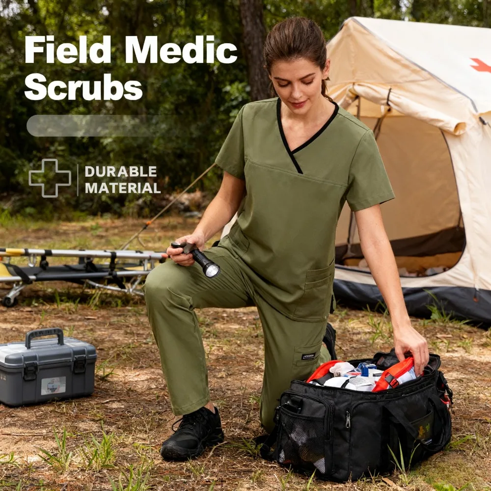 Комплект рабочей формы с матовой отделкой, эластичный топ с карманами и брюки с прямыми штанинами для наряда красоты и медсестер