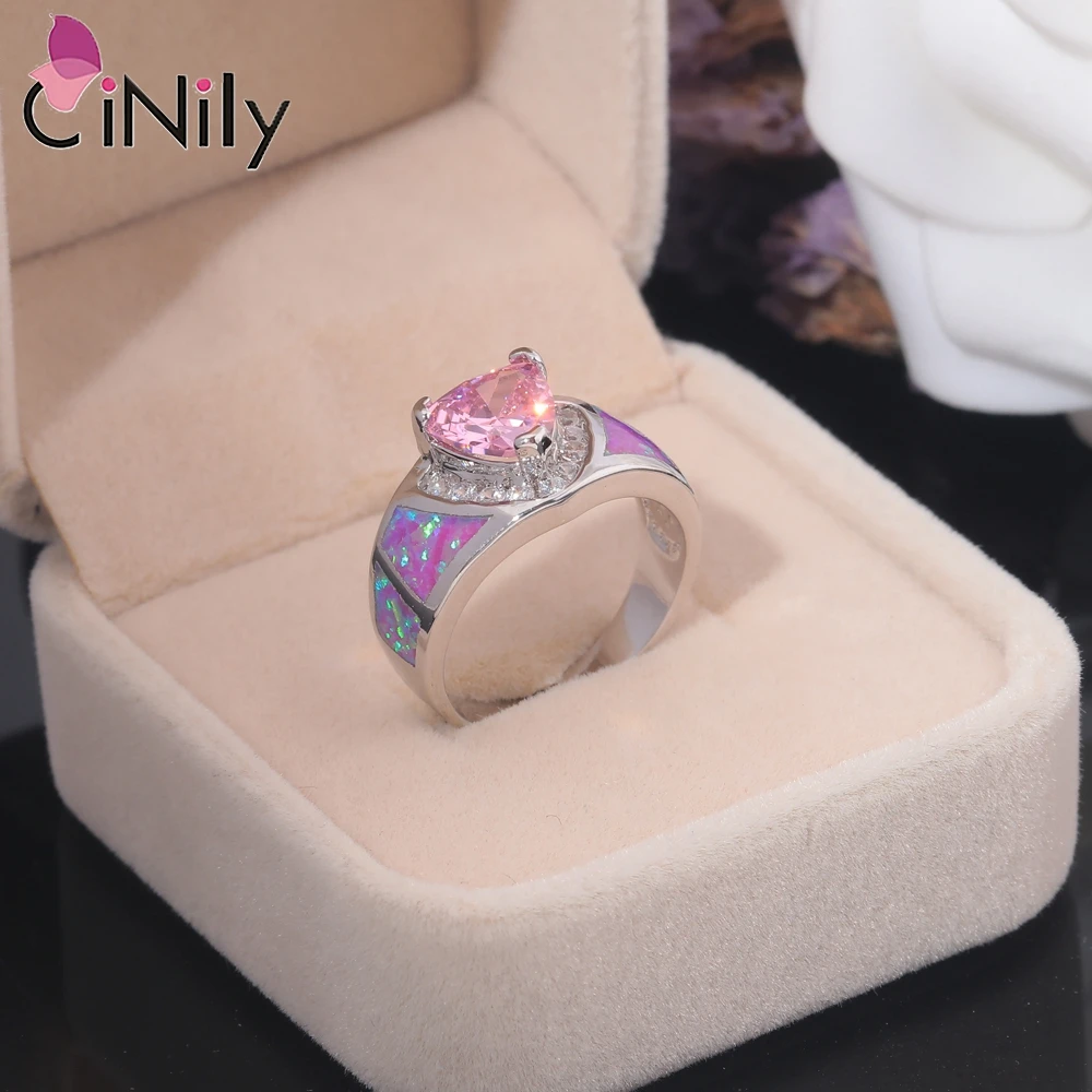 CiNily 925 Sterling Silver Pink Fire Hearted Opal Stone Rings with Pink Zircon for Women Wedding Party Fashion Jewelry Size 5-12